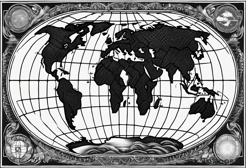 the earth on a flat map with light fading shading placed on a grid with only the lines with accurate depictions of the borders in countries while having it in an oval/circular position on a grid without any borders on the sides tattoo idea