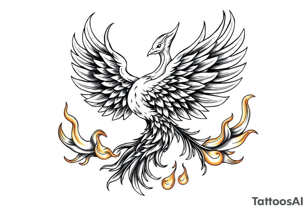 magnificent phoenix rising from golden flames with trailing embers tattoo idea