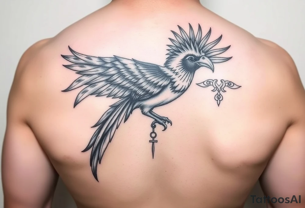 powerful majestic colorful quetzal bird with long feathers and mayan tribal signs tattoo idea