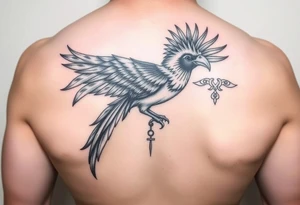 powerful majestic colorful quetzal bird with long feathers and mayan tribal signs tattoo idea