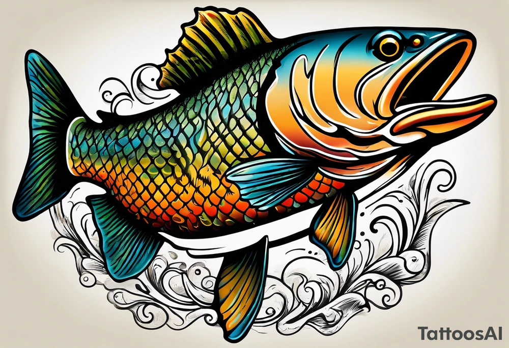 A small tattoo with a shaded trout and text that says, 'Como la trucha...' drawn with fine lines." tattoo idea