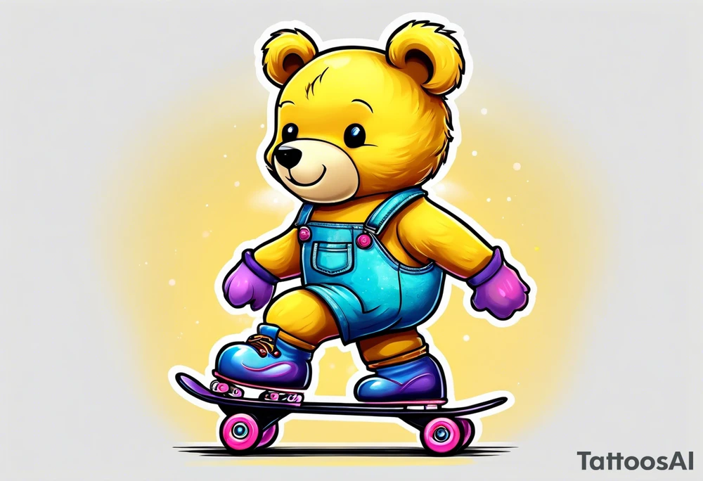 A rollerskating teddy bear in yellow overalls and rainbow skates tattoo idea