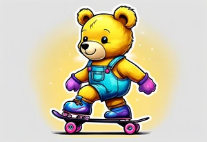 A rollerskating teddy bear in yellow overalls and rainbow skates tattoo idea