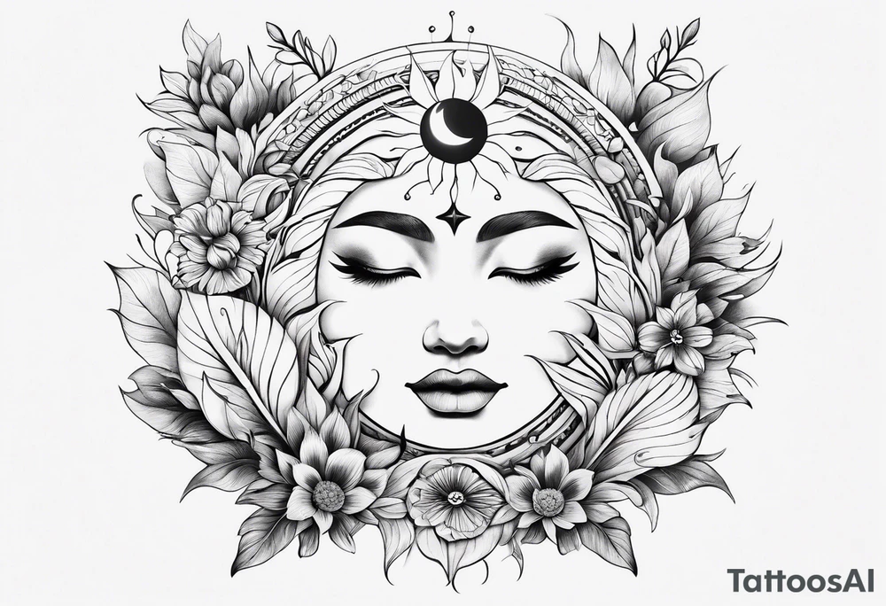 sun moon floral no shading or shadowing tattoo idea