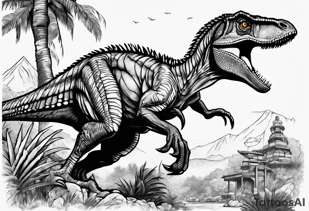 Velociraptor, a jeep, and the Jurassic Park gates, half sleeve tattoo idea