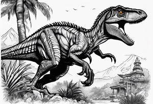 Velociraptor, a jeep, and the Jurassic Park gates, half sleeve tattoo idea