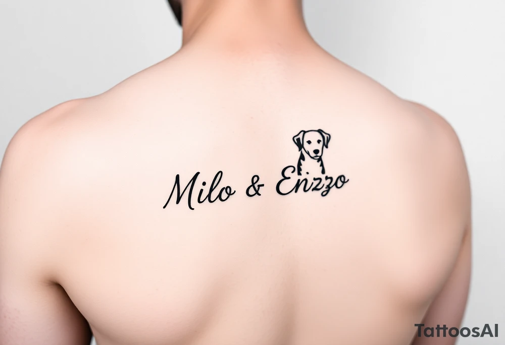 minimal ling line dog lover tattoo , dogs name in cursive Milo and Enzo 
 one line vertically not stretched sideways tattoo is for forearm from wrist to elbow tattoo idea