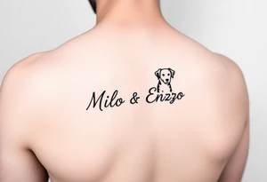 minimal ling line dog lover tattoo , dogs name in cursive Milo and Enzo 
 one line vertically not stretched sideways tattoo is for forearm from wrist to elbow tattoo idea