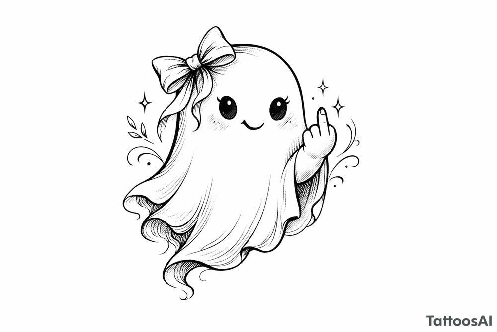 A playful ghost, adorned with a bow, giving the middle finger. tattoo idea
