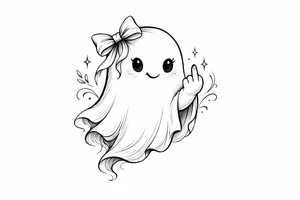 A playful ghost, adorned with a bow, giving the middle finger. tattoo idea