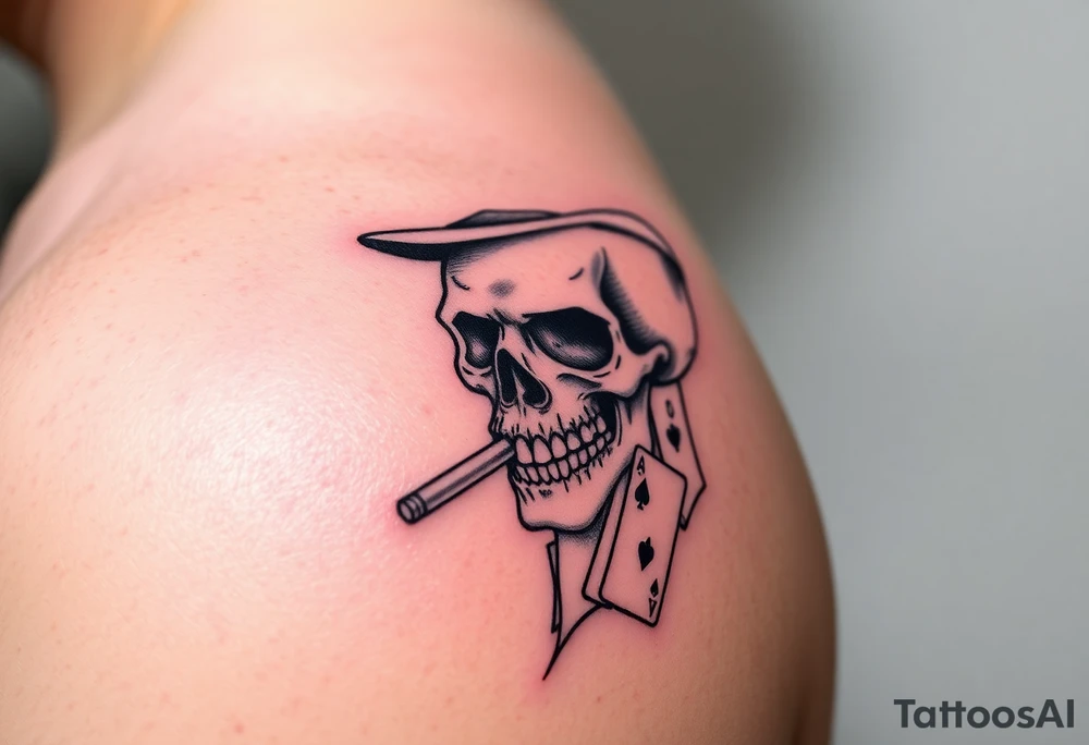 skull with top-hat,cigar in his mouth and playing cards. tattoo idea