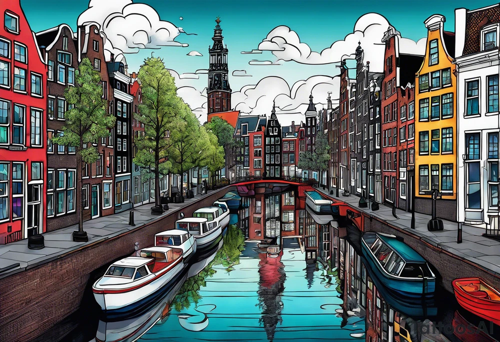 glass animals featuring colours of the universe and galaxies and pineapples in amsterdam city featuring Amsterdam buildings and canal tattoo idea