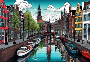 glass animals featuring colours of the universe and galaxies and pineapples in amsterdam city featuring Amsterdam buildings and canal tattoo idea