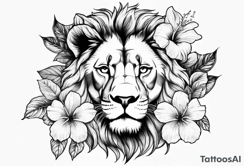 Women lion with hibiscus flowers something inspirational and meaning tattoo idea