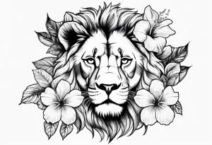 Women lion with hibiscus flowers something inspirational and meaning tattoo idea
