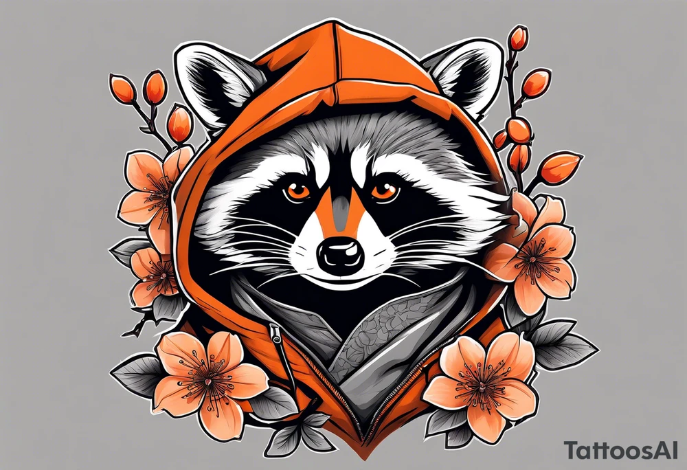 raccoon wearing a black and white Superman hoodie and orange Japanese cherry blossoms tattoo idea