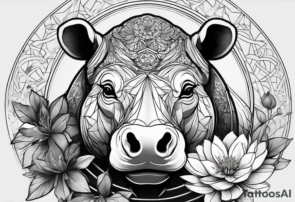 Very asymmetrical, +geometric pattern, with realistic full moon, with hippo head, wintersweet flower bud, +portrait orientation, tattoo idea