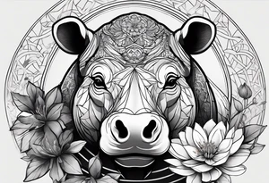 Very asymmetrical, +geometric pattern, with realistic full moon, with hippo head, wintersweet flower bud, +portrait orientation, tattoo idea