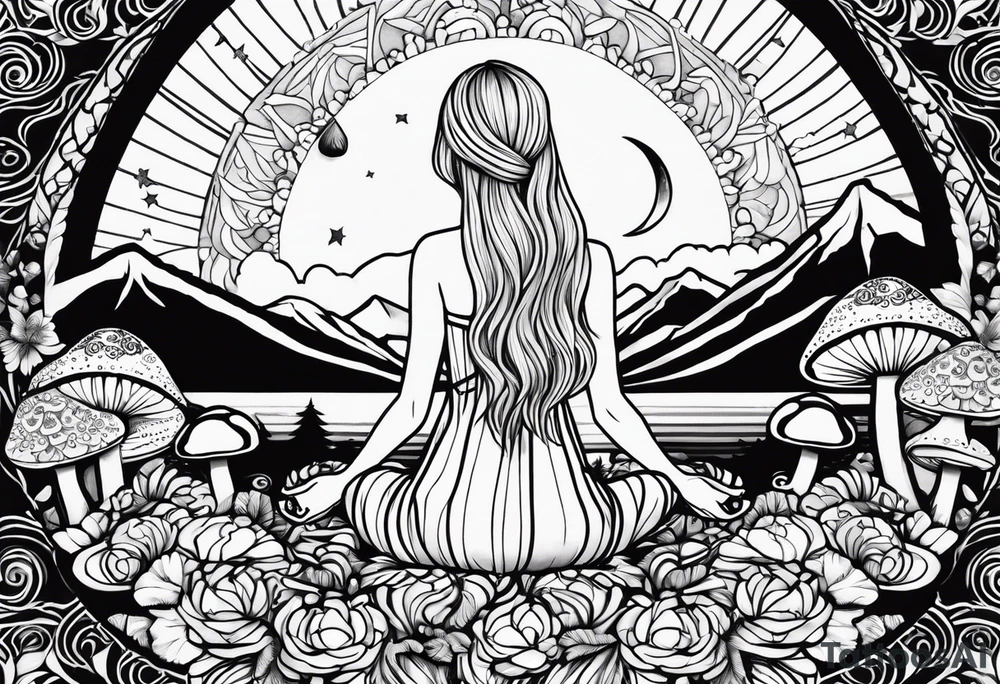 Straight blonde hair girl holding mushrooms in hand meditating facing away toward mountains surrounded by mushrooms crescent moon mandala circular design black and white striped dress tattoo idea