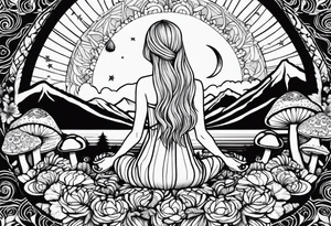 Straight blonde hair girl holding mushrooms in hand meditating facing away toward mountains surrounded by mushrooms crescent moon mandala circular design black and white striped dress tattoo idea