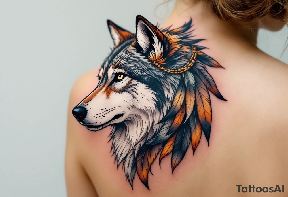 Wolf head with feathers braided into fur, inspired by Native American style. Natural fur tones (gray and brown), warm earthy feathers (rust red, ochre, beige). tattoo idea