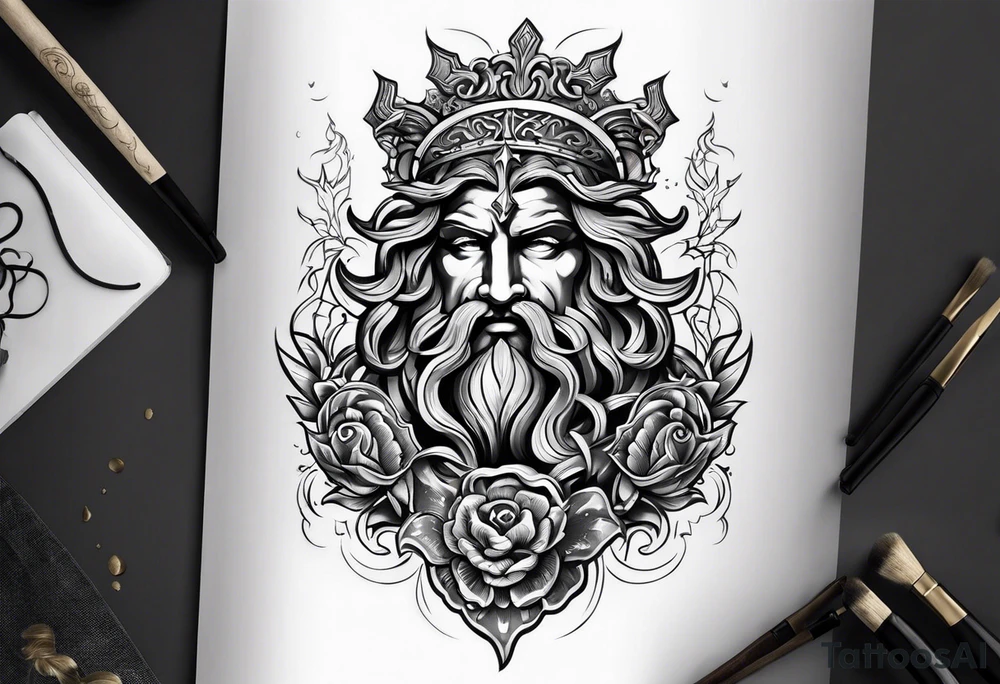 Elbow to wrist tattoo, with most of it being the god Poseidon. I want it to be very detailed. I would like it to flow from the tattoo above which has clouds as a background tattoo idea