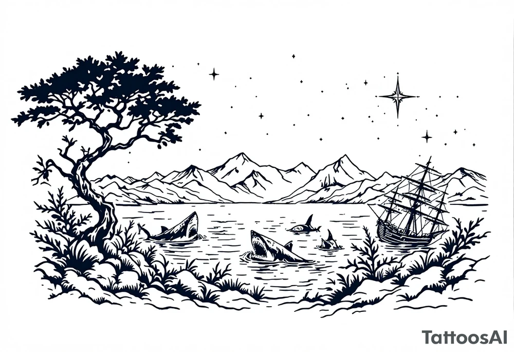 tattoo that has an acacia tree with mountains, ocean with a ship wreck with sharks and the northern star tattoo idea