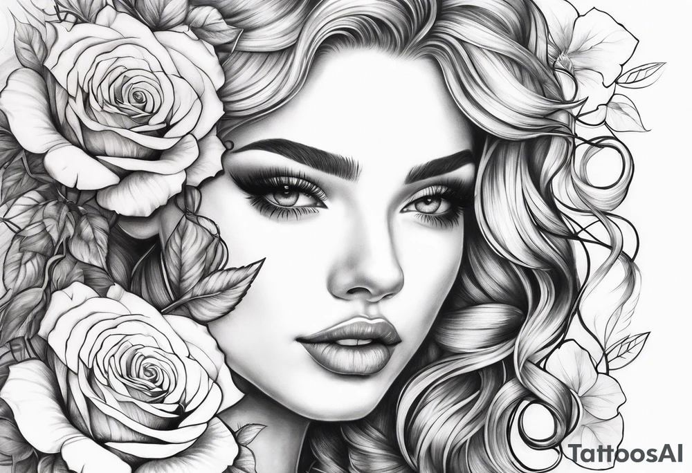 Long blonde curls with roses intertwined tattoo idea