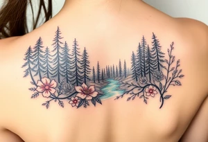 Scenic Northern woods with wild flowers and a river tattoo idea