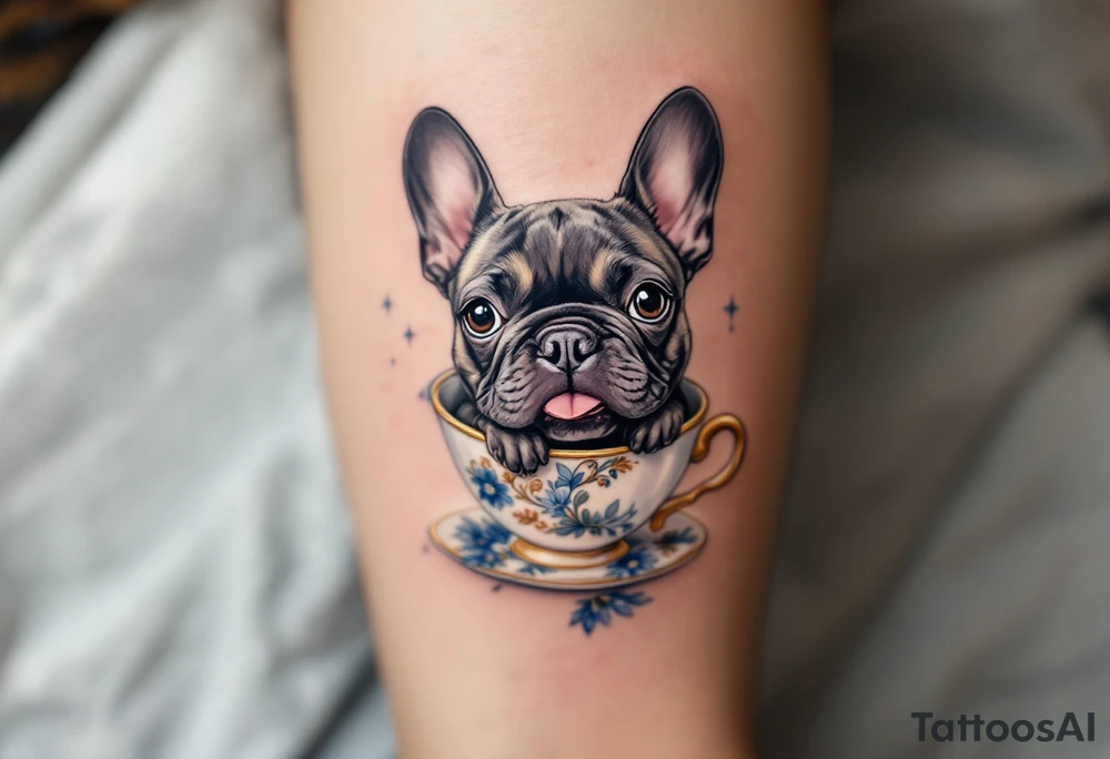 French Bulldog sitting in a teacup, head peeking out with tongue slightly out, brindle fur and cup decorated in floral blue and gold. tattoo idea