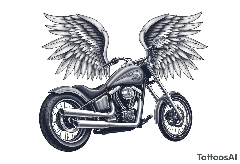 Low rider grey motorcycle, big muffler pipes with flames, angel wings, driving away, no person tattoo idea