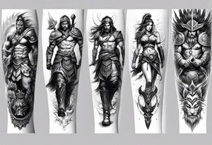 Leg sleeve tattoo of warriors fro
 Different eras tattoo idea