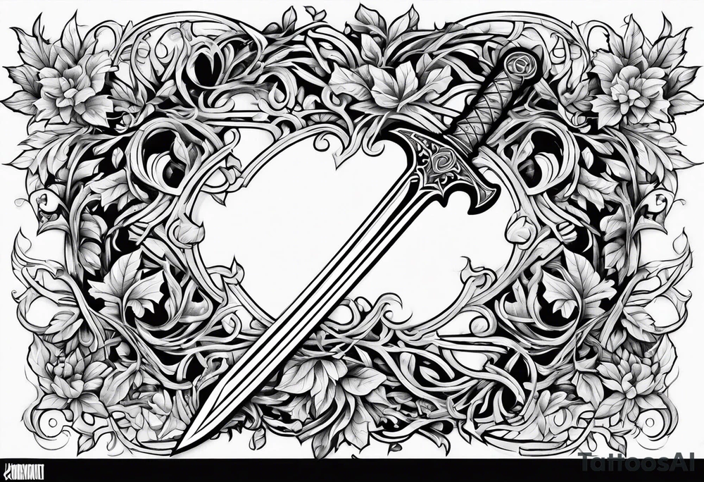 Leafy vines with sword tattoo idea