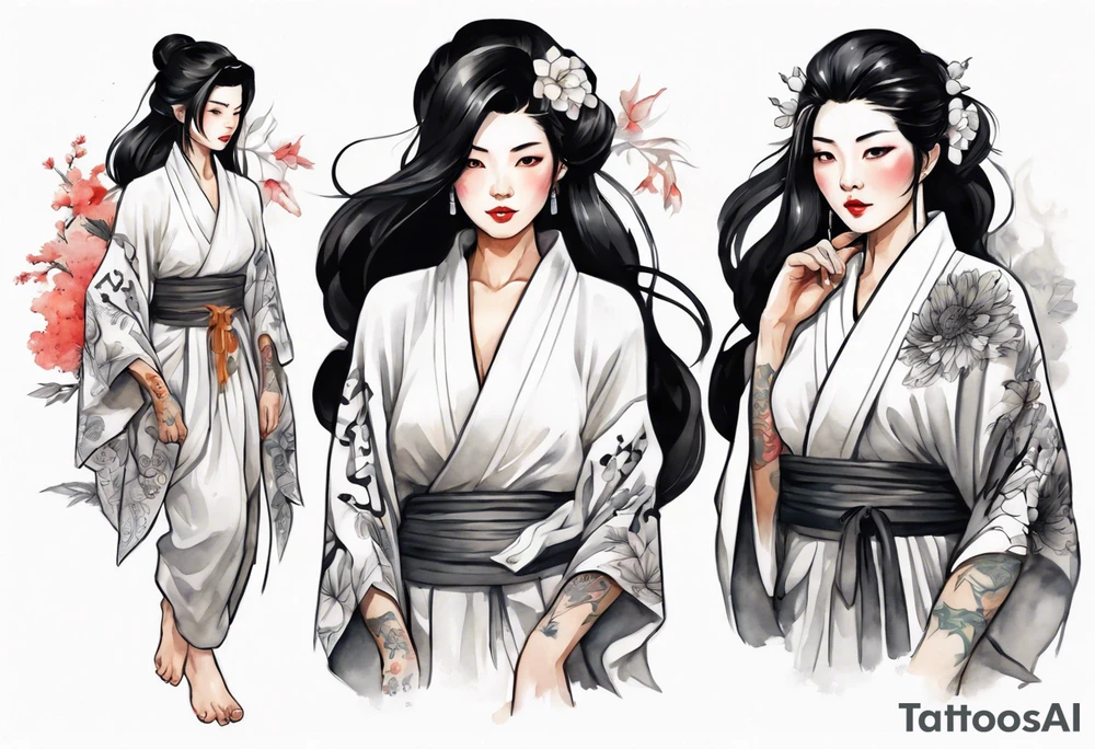 a black-haired woman dressed in a black and white robe, middle-aged, beautiful, asian tattoo idea