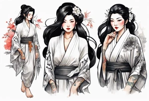 a black-haired woman dressed in a black and white robe, middle-aged, beautiful, asian tattoo idea
