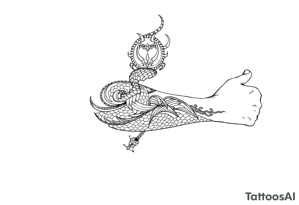 Sicilian Forearm tribal sleeve with patterns and symbols with snake scales tattoo idea