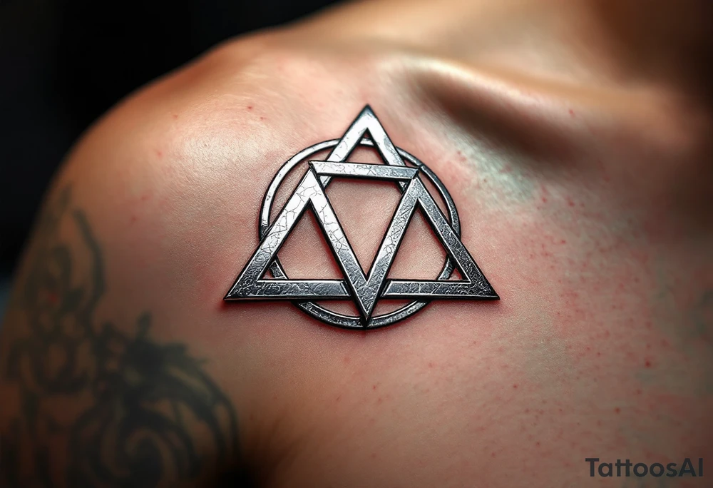 A silver metallic triquetra with a reflective shine, giving it a mystical and elegant appearance. tattoo idea