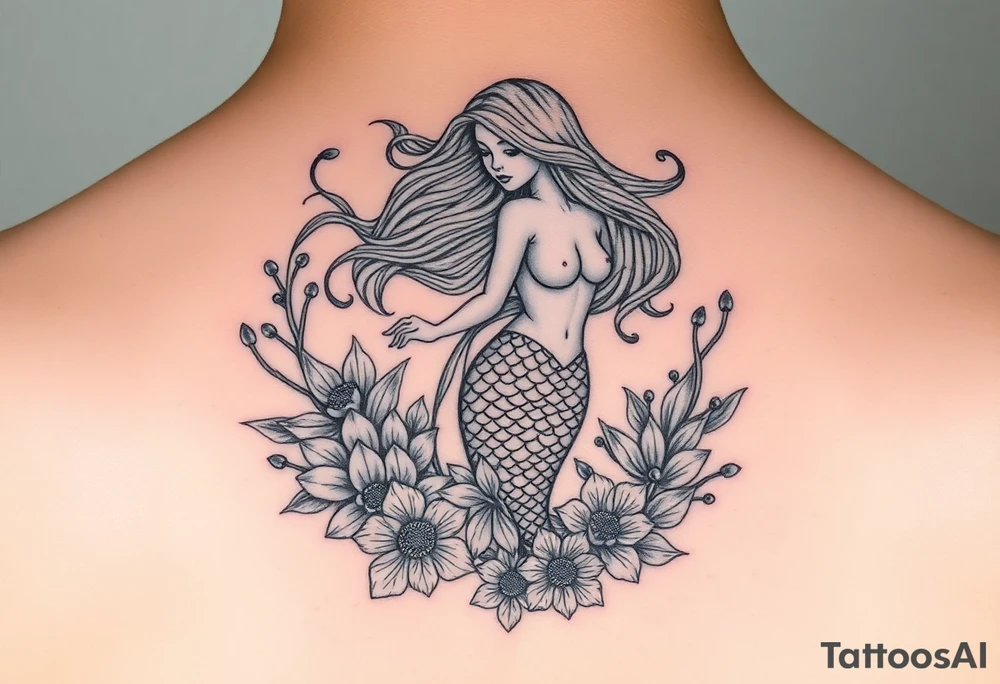 ethereal mermaid with flowing hair among coral and sea flowers tattoo idea
