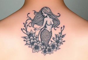 ethereal mermaid with flowing hair among coral and sea flowers tattoo idea