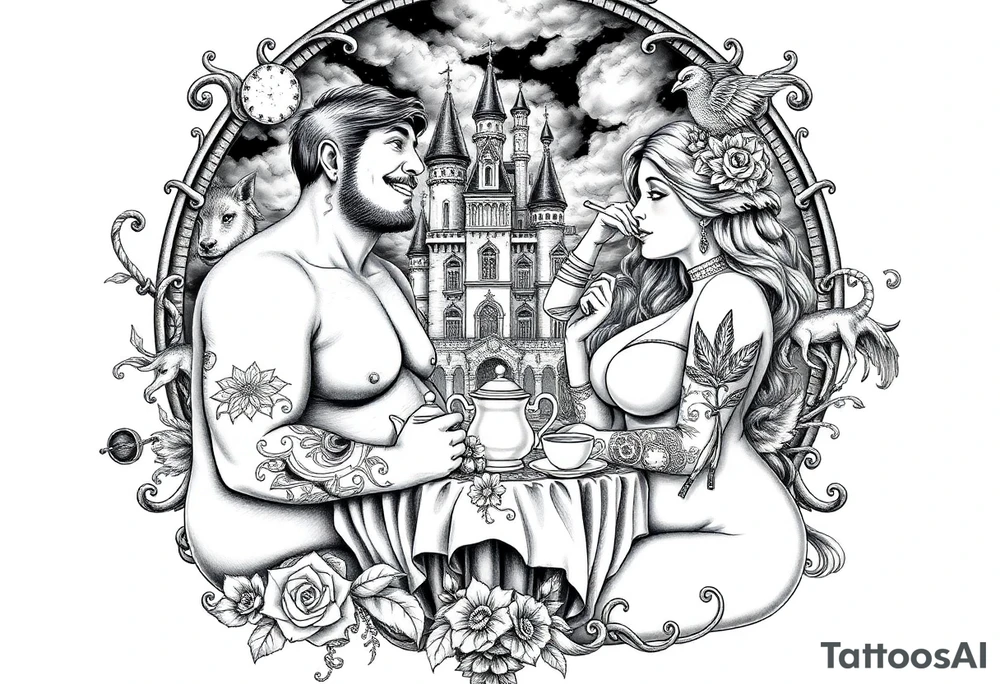 Naked Man and fat woman having sex eating cupcakes and  fruit  having sexy naked fat lady having a tea party with tea pots  swith fancy castle  
with mystical  aries a pigs, peacock,  lion, goat, noose and smoking cigerettes looking in the mirror thru storm clouds and broken hearts and darkness and wrath, envy , gluttony, greed, sloth, pride . Gothic tattoo idea