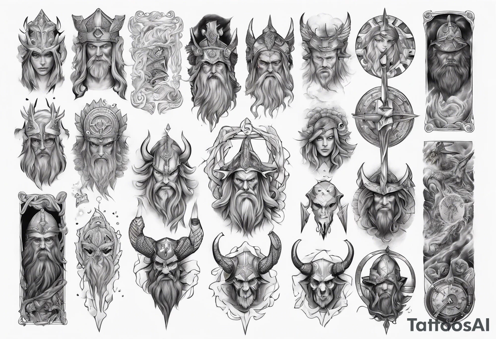 Upper arm sleeve of norse mythology tattoo idea