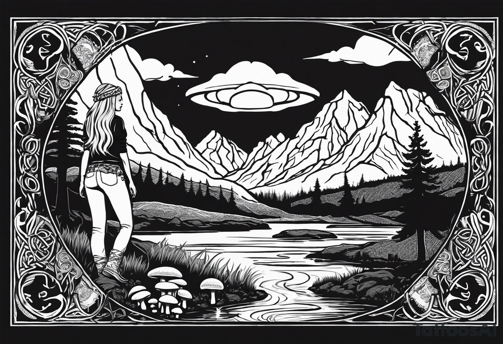 Whole picture encircled fully

Straight long blonde hair hippie girl in distance holding mushrooms in hand facing away toward mountains and creek surrounded by mushrooms long sleeve shirt and hiking pants; whole rendering within a full celtic circle, no cut off circle tattoo idea