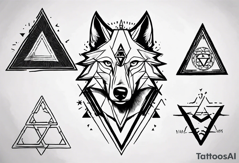 wolf head with triforce on forehead and a triangle in the background tattoo idea