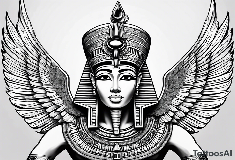 Egyptian god with wings overlooking the pyramids with a goddess face underneath tattoo idea