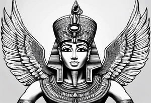 Egyptian god with wings overlooking the pyramids with a goddess face underneath tattoo idea