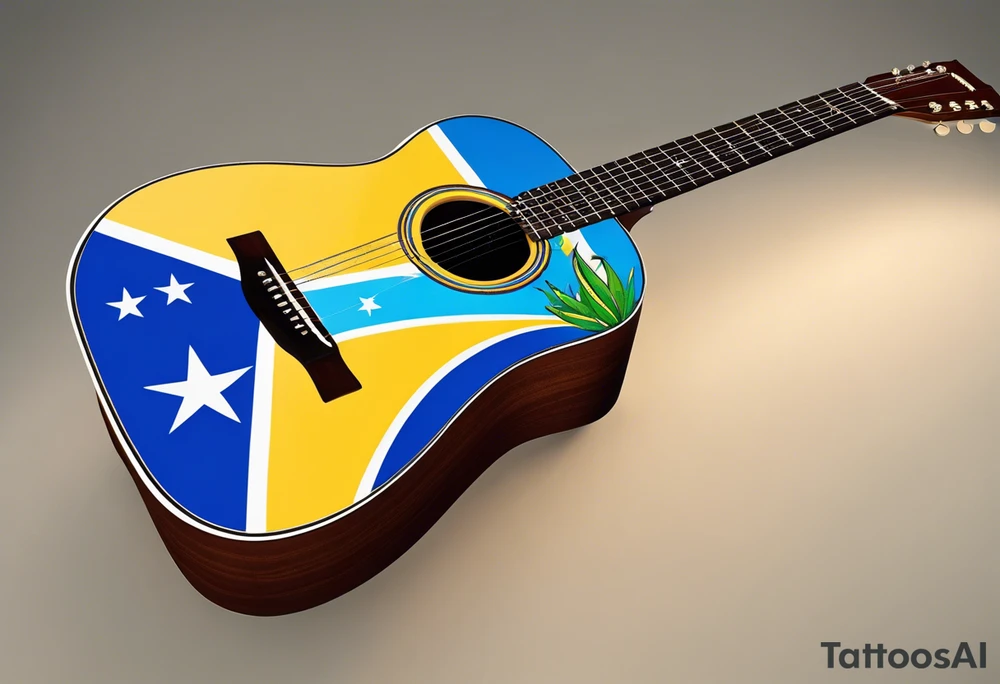 acoustic guitar with cut diagonally with one side with the flag of curacao, the other with some raggae colors. on the outside of the guitar, the side with the curacao flag to adorned with some beach or sea creature theme, like a sea turtle. The side with the raggae to have some music notes flowing out tattoo idea
