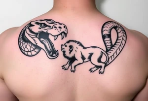 A snake with mouth wide and a lion crawling out of the mouth of snake tattoo idea