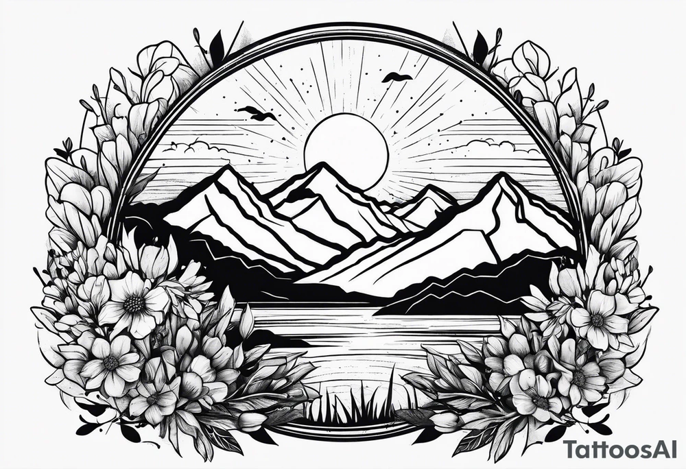 small, mountains, sun, wildflowers tattoo idea