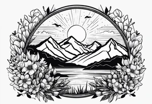 small, mountains, sun, wildflowers tattoo idea