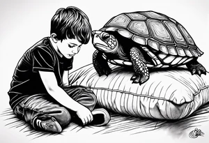 Kid with brown hair playing with a pillow with a turtle image coved tattoo idea